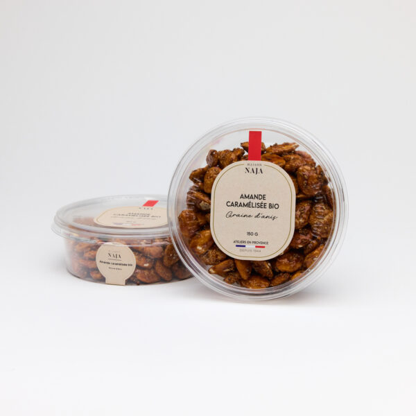 Amande bio caramélisées graines d'anis - Petite barquette 150g_