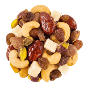 melange noix de cajou, amande, raisins, pistaches décortiqués