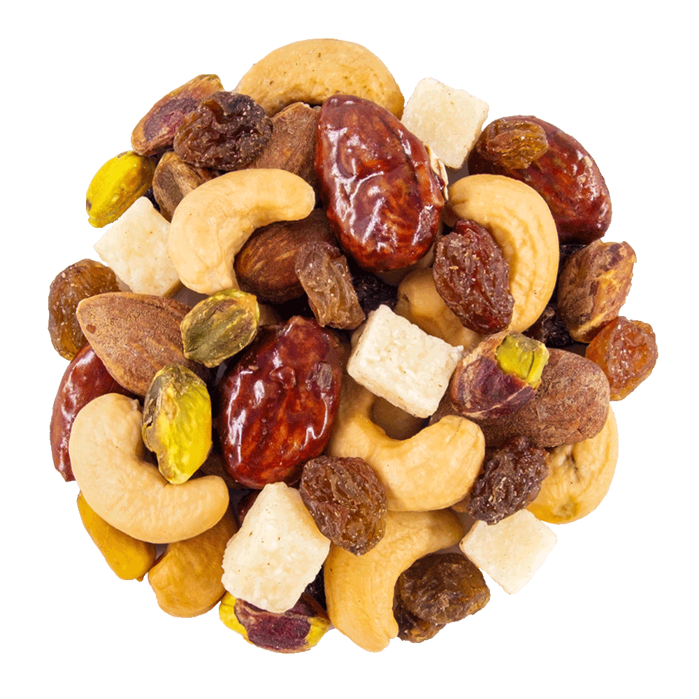 melange noix de cajou, amande, raisins, pistaches décortiqués