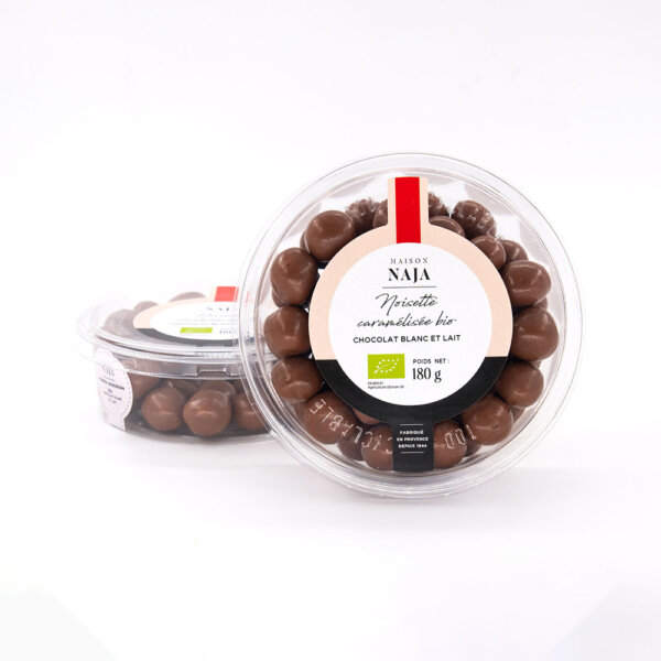 Noisette bio caramélisée chocolat blanc et lait
